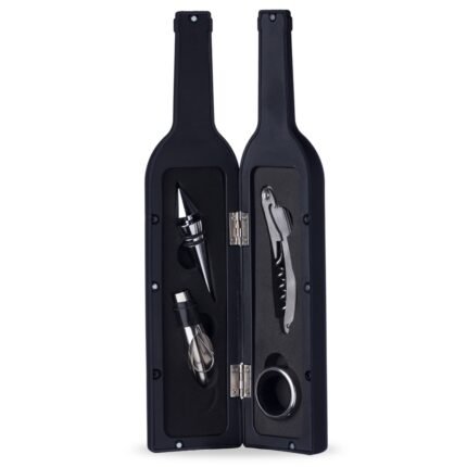 KIT VINHO PLÁSTICO RESISTENTE 4 PEÇAS FORMATO GARRAFA - PRETO